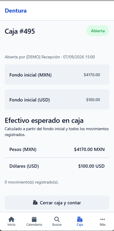 Caja del día abierta en Dentura, vista en el teléfono