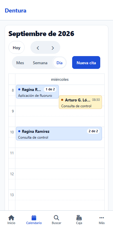 Día real del calendario de Dentura: citas con paciente y tratamiento