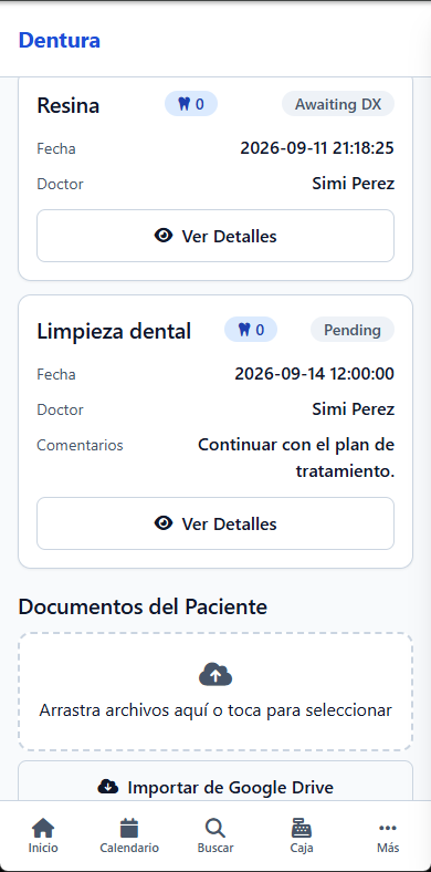 Documentos del paciente en Dentura: arrastra archivos o importa de Google Drive