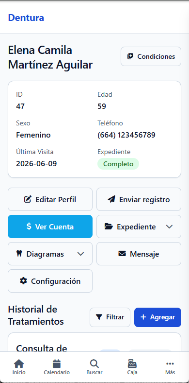 Expediente real de un paciente en Dentura, visto en el teléfono